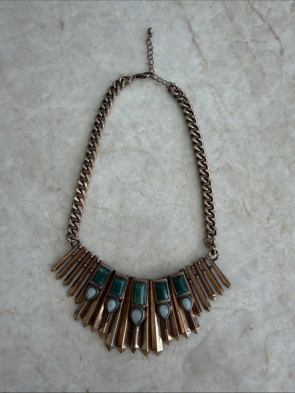Gold-Tone Statement Necklace with Green and White Accents